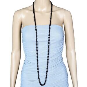 Vintage Signed LR Lady Remington Extra Long Black Glass Knotted Flapper Necklace